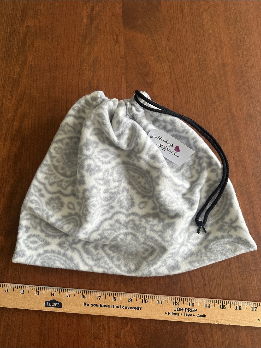 Gray and White Fleece Paisley Drawstring Bag